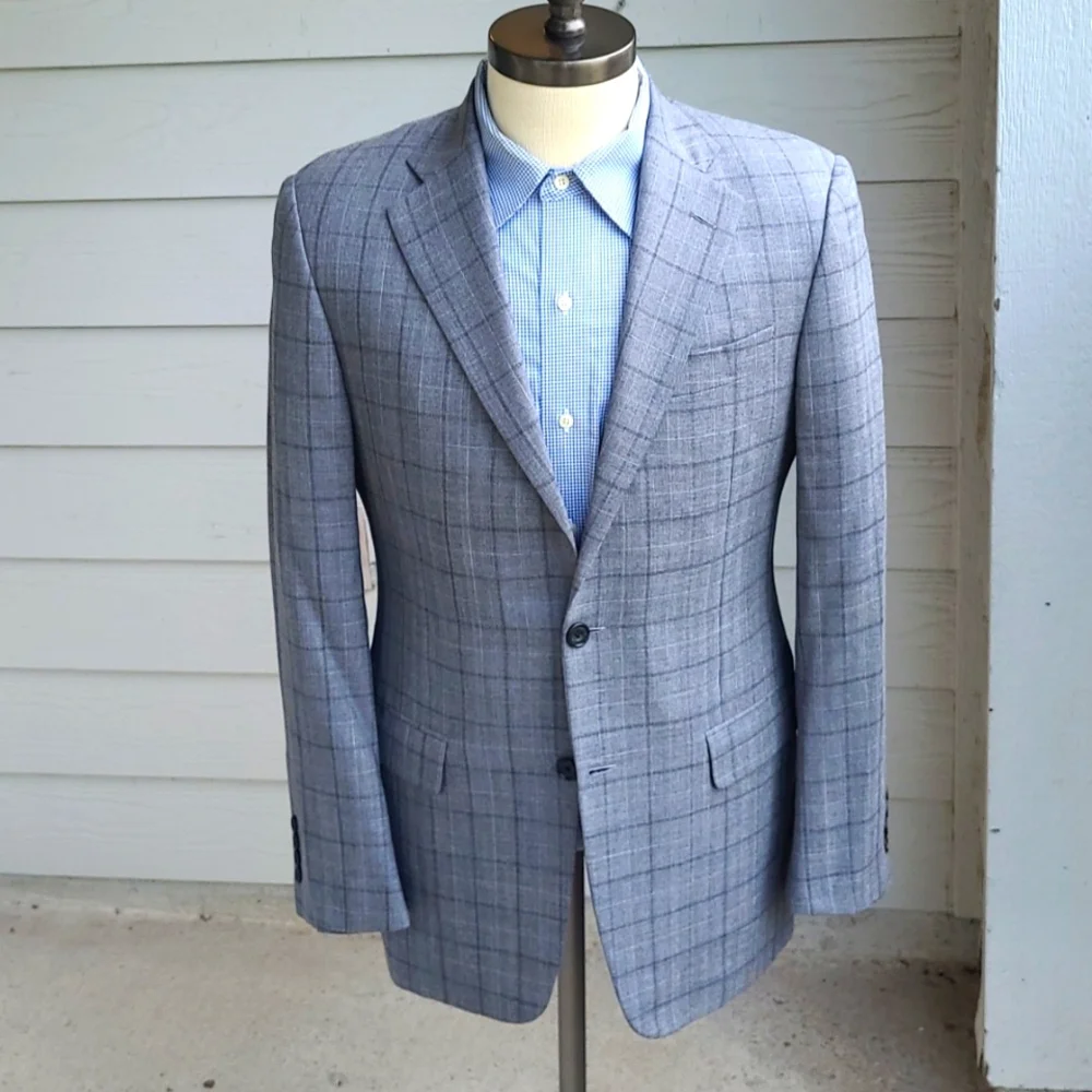 HICKEY FREEMAN Beacon Grey Plaid Worsted Wool Silk Blend 38 R Sport Coat Blazer - Picture 1 of 10